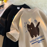 Coverwin American niche design cat pattern t-shirt men and women trend all-match simple couple outfit Hong Kong style half-sleeved top
