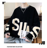 Coverwin Letter Jacquard Sweater for Men and Women Warm New Style for Autumn and Winter Round Neck Knitted Couple Loose Casual Top y2k