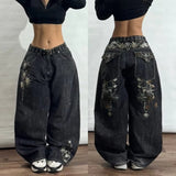 Coverwin American New Fashion Oversized Letter Embroidery Old Baggy Jeans Men Y2K Harajuku Punk Popular Casual High Waist Wide Leg Pants