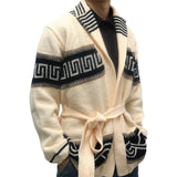 Coverwin Autumn Winter Men Thicken Jacquard Knitted Cardigan Coat Vintage Turndown Collar With Waistband Thick Needle Sweater Streetwear