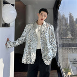 Coverwin Men Winter Outfit Korean Men's Sequins Blazer Glitters Bling Suit Jackets Singer Stage Shiny Clothing Black Silver Oversize Party Suit Coat Man