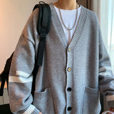 Coverwin Outfit Fashion Korean Men's V-neck Striped Cardigan Sweater Loose Personality Cotton Sweater Fashion Ins Casual Knitted Jacket Top