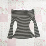 Coverwin-Kawaii Cute Y2k Tops T shirts Long sleeves Stripe Gray Sweet Girl Casual Winter Clothes Punk Aesthetic Women Tees Grunge Emo Top