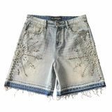 Coverwin Shorts Y2K Jeans Womens Harajuku Hip Hop Gothic Rhinestone Sequin Retro Blue Baggy Denim Shorts High Waist Fashion Casual Shorts