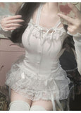 Coverwin-Y2k Lace Sweet Girl Korea Summer Skirts Women Clothes White MIni Skirt High waist Loose Grunge Kawaii Cute A-line Fluffy Skirt