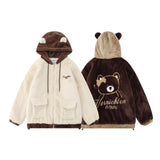 Coverwin-Extra Large American Retro Lazy Wind Cute Bear Loose Plus Velvet Padded Hooded Cardigan Lamb Wool Thick Coat Female Winter