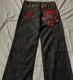 Coverwin 2024 American Retro Jeans Y2K Big Pattern Trousers Loose Jeans Gothic High Waist Wide Pants Street Wear Trousers