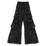 Coverwin American Vintage Gothic Black Y2K Washed Multi-Pocket Spliced Raw Edge Jeans Mens Loose Street Trend Hip Hop Rap Wide Leg Pants