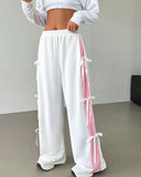 Coverwin-Korean Trend Street Tied Bow Tie Design Casual Pants Harajuku Classic White Elastic Pants Y2k Vintage Wide Leg Pants Women