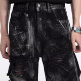 Coverwin Black Ripped Y2k Jeans Mens American High Street Fashion Wasteland Style Heavy Washed Graffiti Niche Straight Trousers For Men