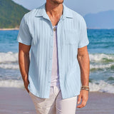 Coverwin Men's Shirt Button Up Shirt Casual Shirt Summer Shirt Beach Shirt White Light Blue Short Sleeve Plain Lapel Hawaiian Holiday Front Pocket Clothing Apparel Fashion Casual Comfortable