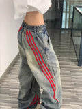 Coverwin Harajuku hip-hop red striped splicing design oversized high-waisted jeans women y2k street aesthetic popular straight baggy pant