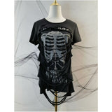 Coverwin-Personality Trend Design T-shirts Y2k Hot Girl Skull Hole Make Old Fake Two Pieces Slim Fit Short Sleeves Punk Rock Style Tops