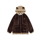 Coverwin-Extra Large American Retro Lazy Wind Cute Bear Loose Plus Velvet Padded Hooded Cardigan Lamb Wool Thick Coat Female Winter