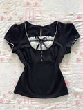 Coverwin-Punk Sexy Tops Y2k Vintage Clothes 90s Women Black Gothic Lace Slim Harajuku Bady Tee Crop Top Graphic T shirt Girl Summer Tee