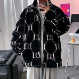 Coverwin Y2K Fashion American Retro Imitation Rabbit Fur Lambswool Coat Print Jacket Sweater Couple Street Casual Cotton-padded Jacket