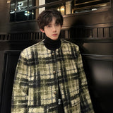 Coverwin Men Winter Outfit Men's Tweed Plaid Blazers Cardigan Autumn Winter Trend Collarless Short Jacket Fashion Green Korean Style Chic Elgance Coat