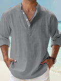 Coverwin Men's Linen Shirt Popover Shirt Casual Shirt Beach Shirt Black White Pink Long Sleeve Plain Henley Spring & Summer Hawaiian Holiday Clothing Apparel