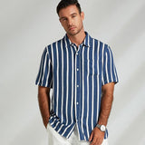 Coverwin Men's Shirt Casual Shirt Blue Light Blue Short Sleeve Stripe Turndown Shirt Collar Outdoor Causal Button Clothing Apparel Fashion Daily Sports & Outdoors