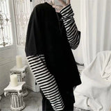 Coverwin Cool Striped Patchwork T-Shirt Men Autumn Oversize Tops Boys Solid Long Sleeve T Shirt Fashion Japanese Gothic Japan T Shirt