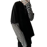 Coverwin Cool Striped Patchwork T-Shirt Men Autumn Oversize Tops Boys Solid Long Sleeve T Shirt Fashion Japanese Gothic Japan T Shirt