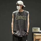 Coverwin  Denim Wash Sleeveless T-Shirt 2024 Summer Tank Tops Harajuku Streetwear Gothic Vintage Black Punk Loose Oversized Tank Top Vest