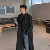 Coverwin Khaki Black Trench Coat Men Oversized Fashion Casual Long Coat Men Streetwear Korean Loose Windbreaker Jacket Mens Overcoat