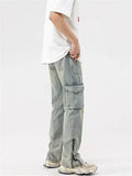 Coverwin Mud Yellow Jeans for Men Y2K Solid Color Overalls with Buttons Multi-pocket Zipper To Make Old Pants Loose