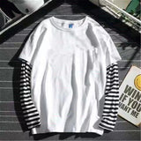 Coverwin Cool Striped Patchwork T-Shirt Men Autumn Oversize Tops Boys Solid Long Sleeve T Shirt Fashion Japanese Gothic Japan T Shirt